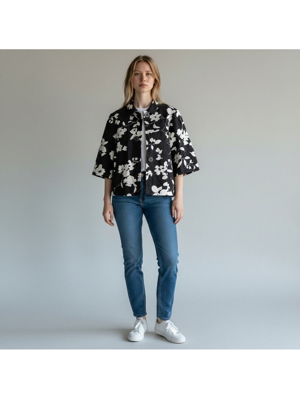 Coldwater Creek Blazer Women 8 Black Floral Button Collared 3/4 Sleeve Cotton